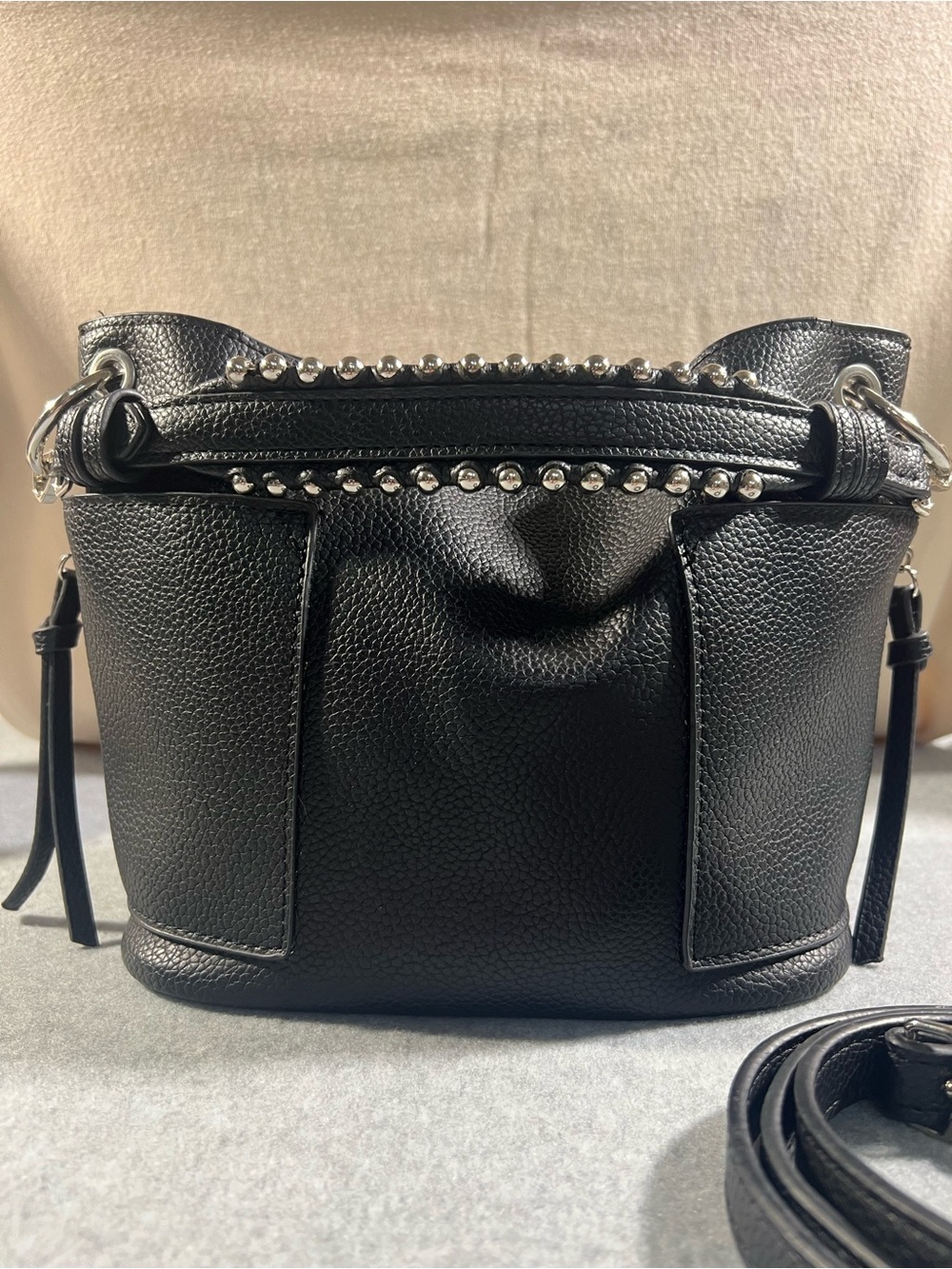 Steve Madden Black Pebbled Faux Leather Stud-Trim Bucket Bag